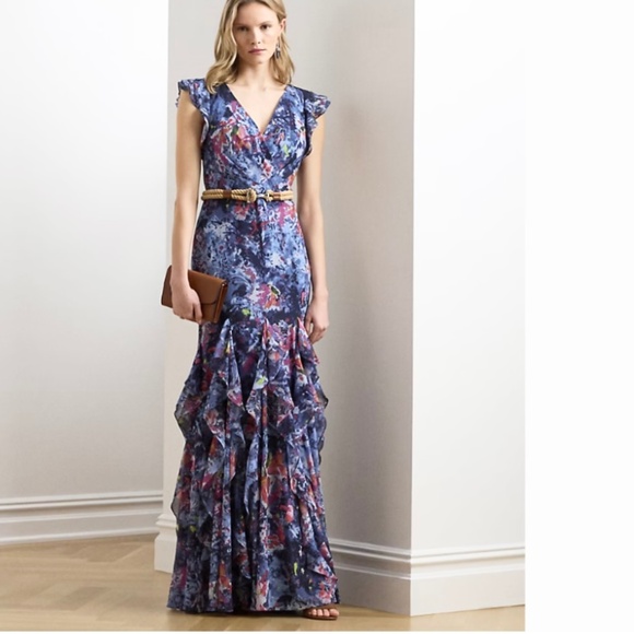 RARE Ralph Lauren LRL Floral Crinkled Georgette Gown Plus-size 18 - Picture 4 of 11